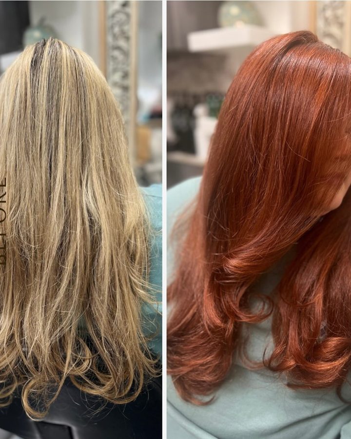 Before and after: blonde hair transformed to a rich copper red