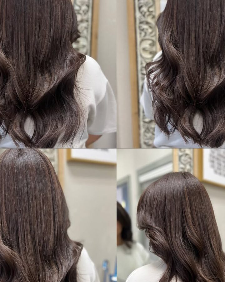 Glossy brunette color with smooth, bouncy waves shown from four angles
